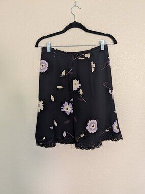 Vintage ANNEX Black Floral A-Line Skirt with Lace Trim